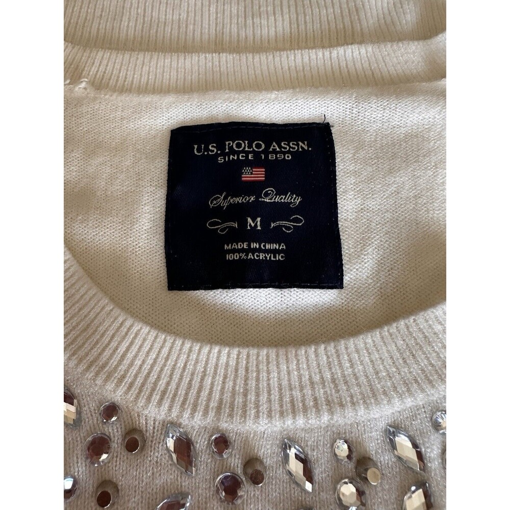 U.S. POLO ASSN. Sweater Jewel Neckline Embellish White Long Sleeve Women's Small - Picture 7 of 13